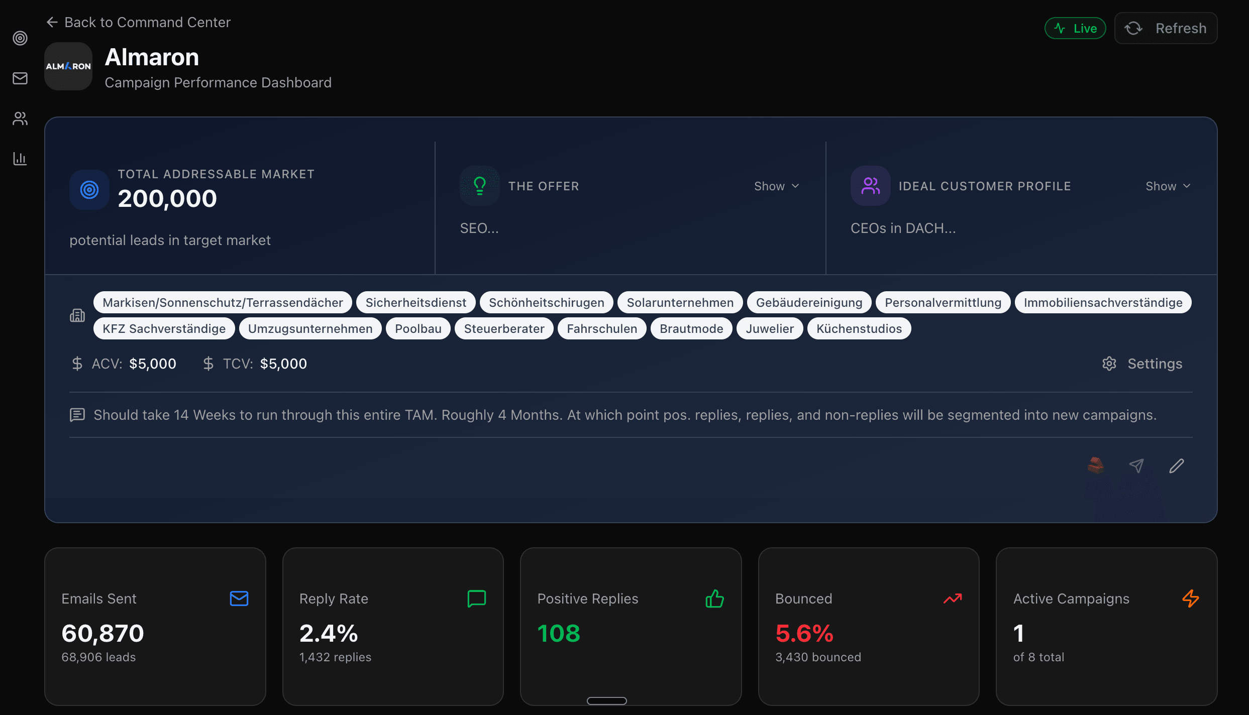 Client dashboard — campaign stats, ICP, offer, and target market overview